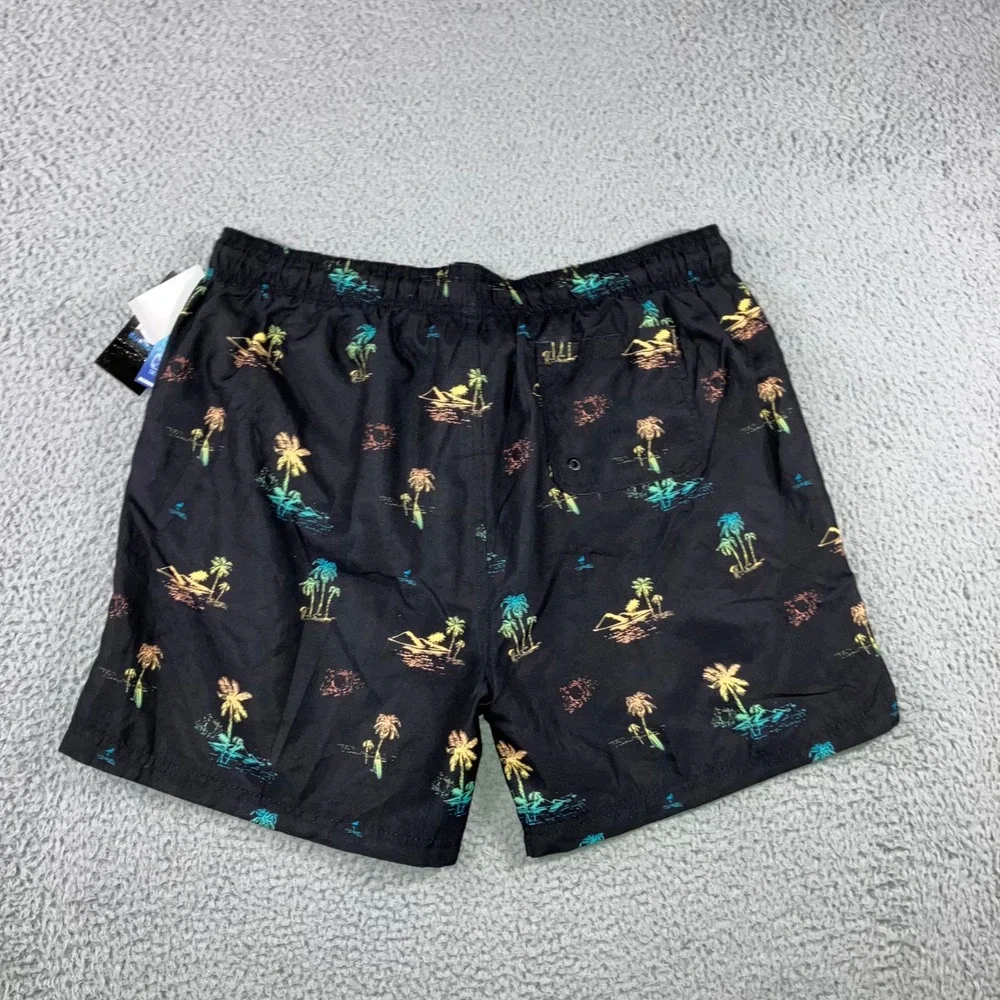 Burnside Swim‎ Trunks Men XL Black Lined Tropical Palm Tree Print Elastic Waist
